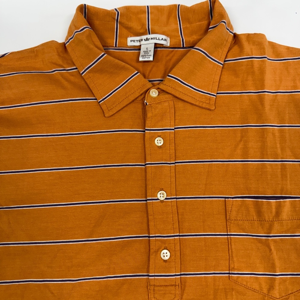 Peter Millar Men’s Orange Striped Polo Golf Shirt Pima Cotton Size Large - Picture 1 of 4